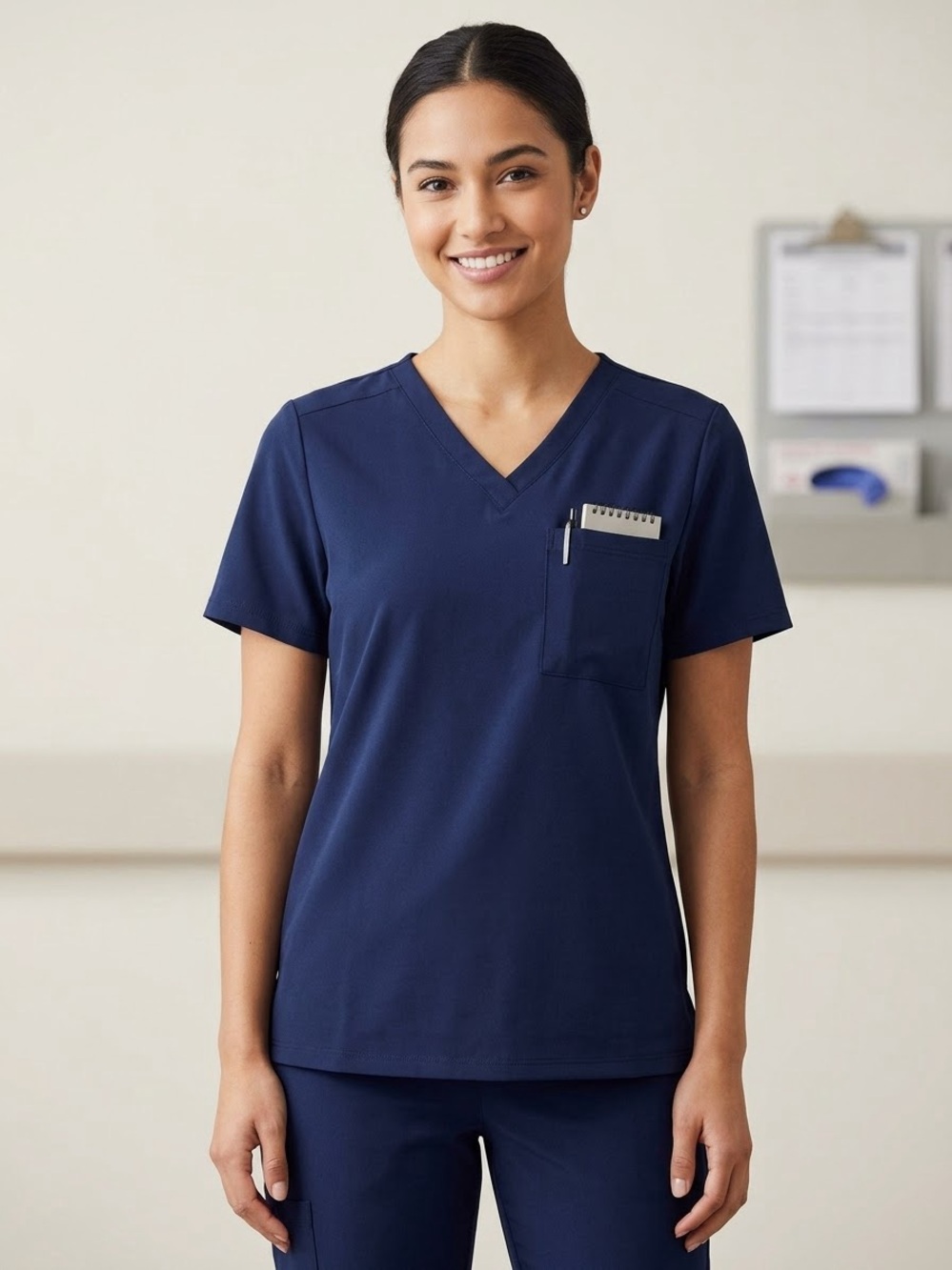 Fabletics Navy Blue Vital 1 Pocket V-Neck Scrub Top